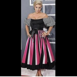 Vintage 1980s Victor Costa Bubble Sleeve Dress Sz Small Pink Black White